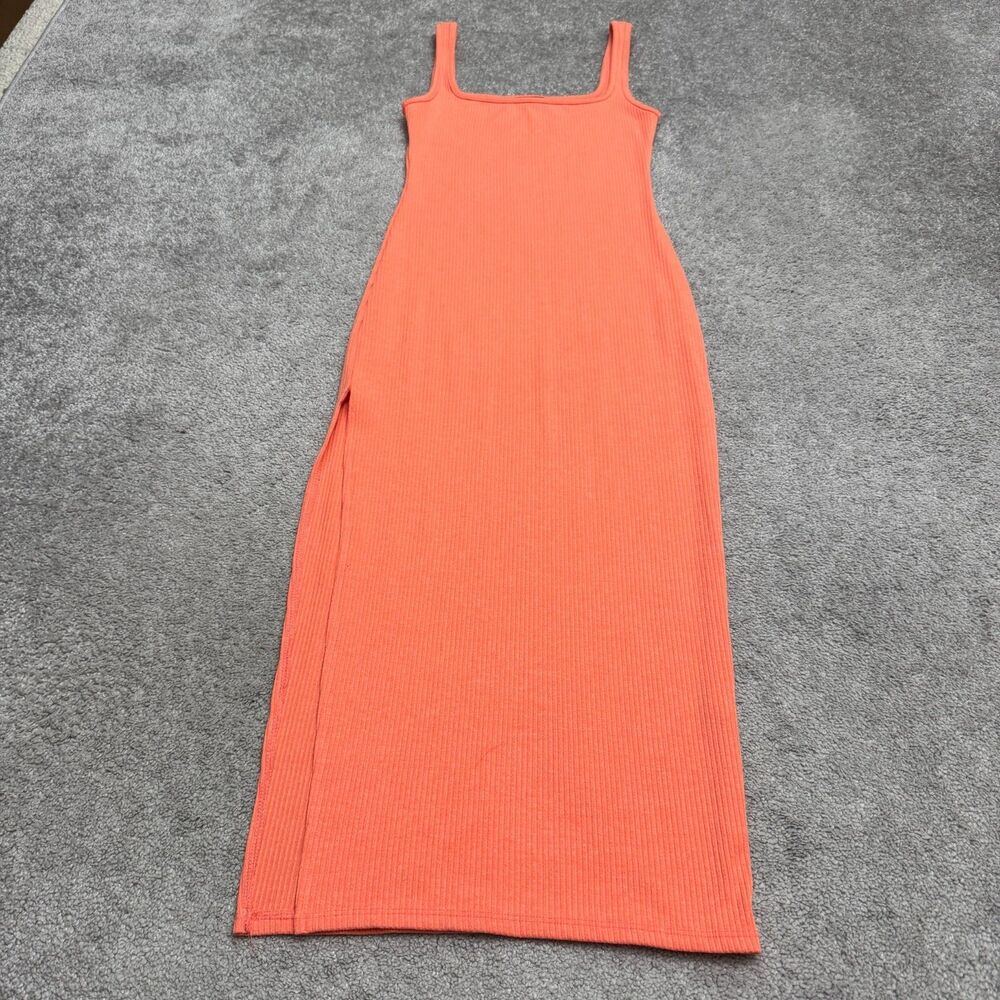 VICI Tyche Ribbed Knit Square Neck Side Slit Tank Midi Dress Womens Small Orange